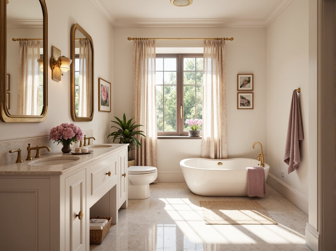 Prompt: Soft powder room ambiance, calming creamy whites, warm beige tones, gentle peach hues, soothing light grays, subtle lavender undertones, elegant marble countertops, ornate golden fixtures, luxurious velvet fabrics, intricate floral patterns, soft focus, shallow depth of field, natural diffused lighting, 1/2 composition.