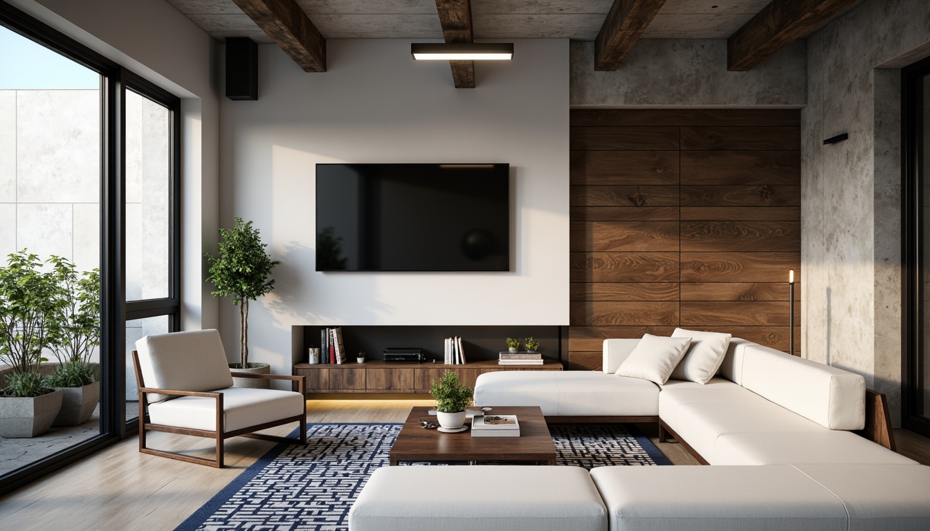 Prompt: Modern interior design, sleek lines, minimalist aesthetic, polished chrome accents, matte black finishes, glossy white surfaces, reclaimed wood textures, industrial metal beams, exposed concrete walls, geometric patterned rugs, neutral color palette, soft warm lighting, shallow depth of field, 1/1 composition, realistic reflections, ambient occlusion.