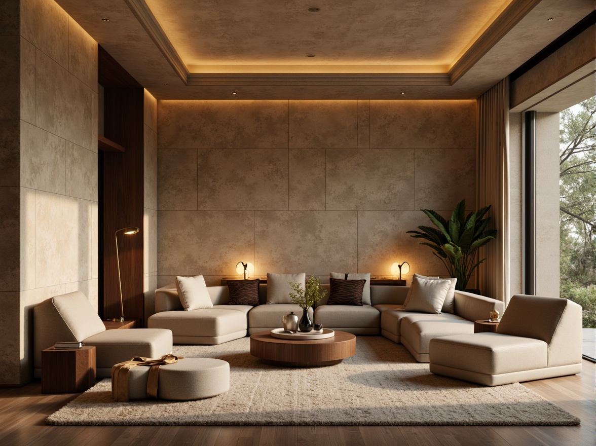 Prompt: Luxurious living room, textured stone walls, warm beige color scheme, cozy ambient lighting, plush furniture, soft velvet fabrics, metallic accents, modern minimalist decor, elegant floor lamps, subtle shadows, 1/1 composition, shallow depth of field, realistic rendering, ambient occlusion.