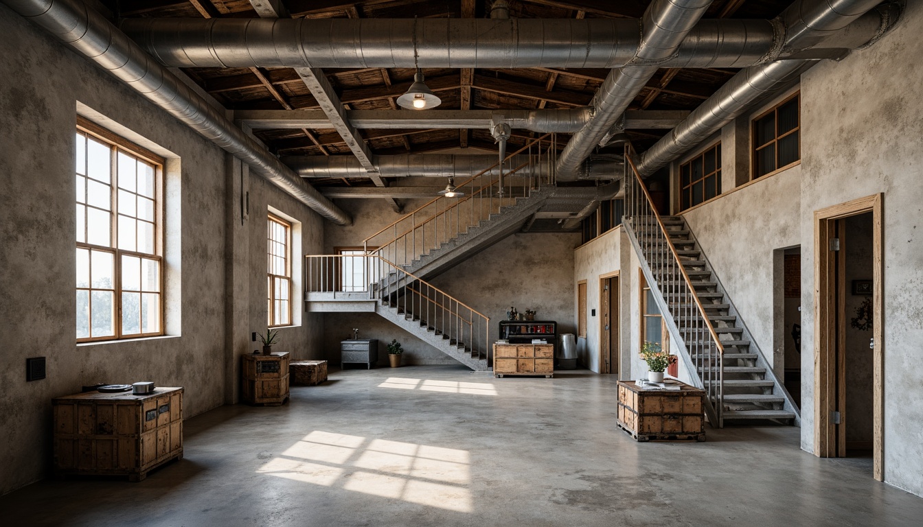 Prompt: Exposed ductwork, industrial pipework, rough concrete walls, raw steel beams, reclaimed wood accents, distressed metal surfaces, brutalist architecture, urban loft atmosphere, high ceilings, poured concrete floors, minimalist decor, functional lighting fixtures, metal grated stairs, wooden cargo crates, vintage manufacturing equipment, exposed brick walls, earthy tone color palette, soft natural light, shallow depth of field, 1/1 composition, cinematic perspective, realistic textures, ambient occlusion.