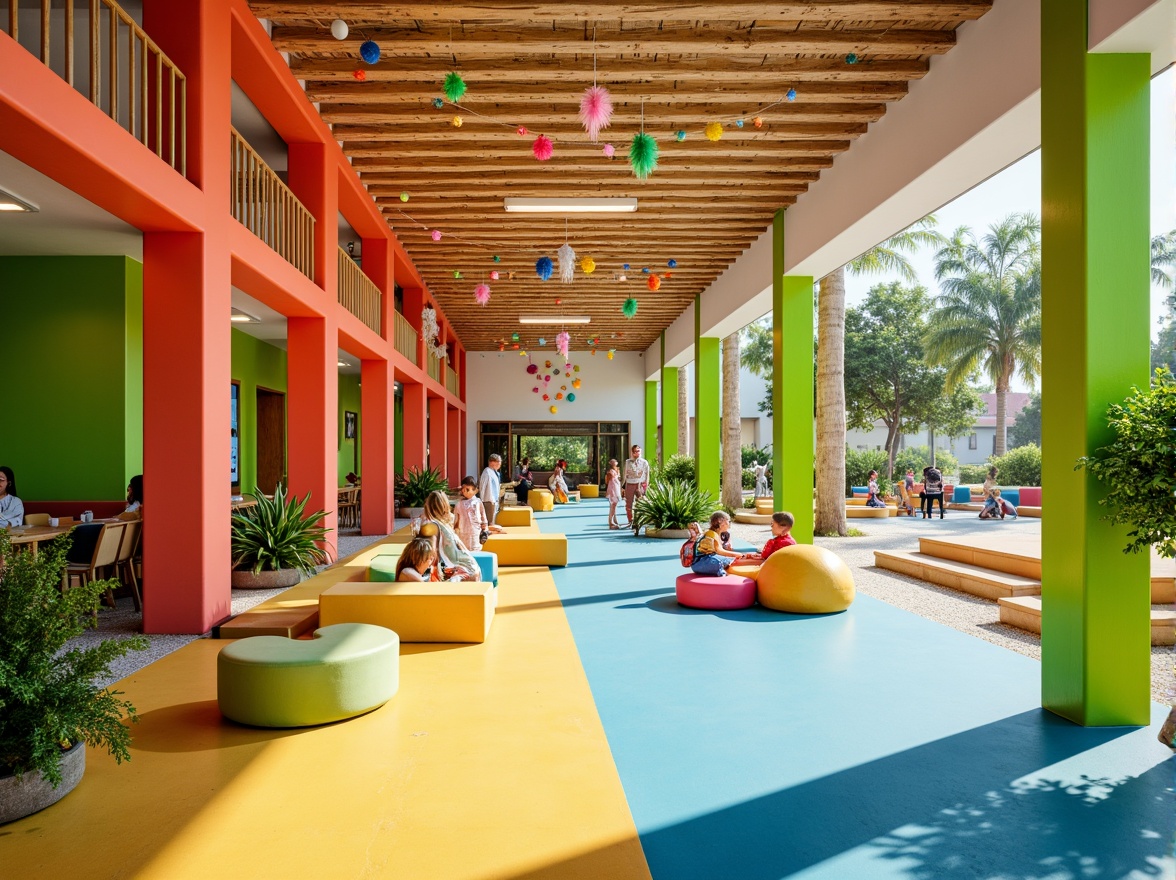 Prompt: Vibrant elementary school, tropical color palette, bright coral walls, lime green accents, sunny yellow furniture, ocean blue floors, palm tree-inspired columns, natural wood textures, colorful tassel garlands, playful polka dot patterns, exotic floral arrangements, warm sandy tones, lively citrus hues, whimsical jungle creatures, modern minimalist architecture, large windows, sliding glass doors, abundant natural light, shallow depth of field, 3/4 composition, panoramic view.