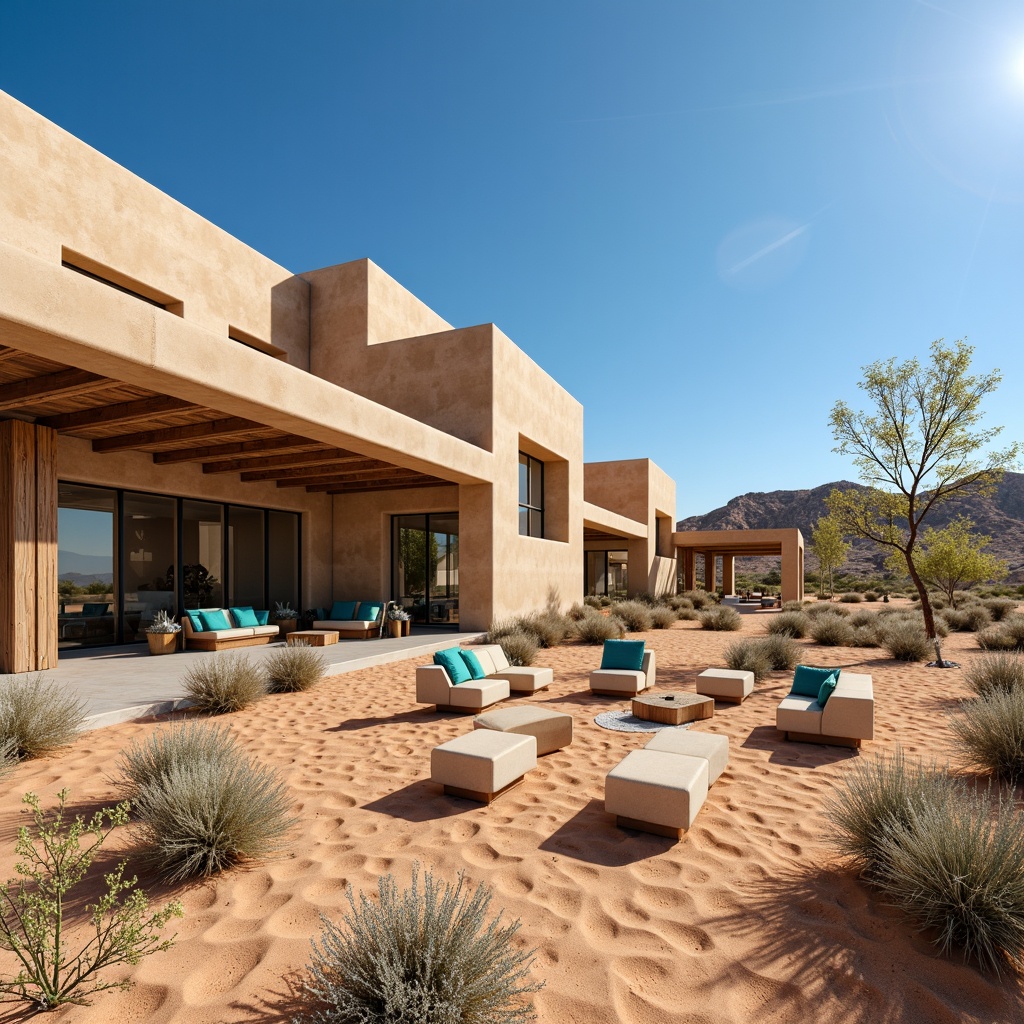 Prompt: Adobe-style distribution center, southwestern desert landscape, vast open space, warm sandy dunes, cactus plants, clear blue sky, modern rustic architecture, earthy tone buildings, wooden accents, metal cladding, large windows, sliding glass doors, natural stone flooring, exposed ductwork, industrial lighting, open ceiling, minimalist decor, vibrant turquoise accents, Southwestern-inspired textiles, geometric patterns, functional layout, efficient storage systems, organized shelving units, convenient loading docks, spacious warehouse areas, high ceilings, natural ventilation systems, energy-efficient solutions, solar panels, misting systems, warm sunny day, soft warm lighting, shallow depth of field, 3/4 composition, realistic textures, ambient occlusion.