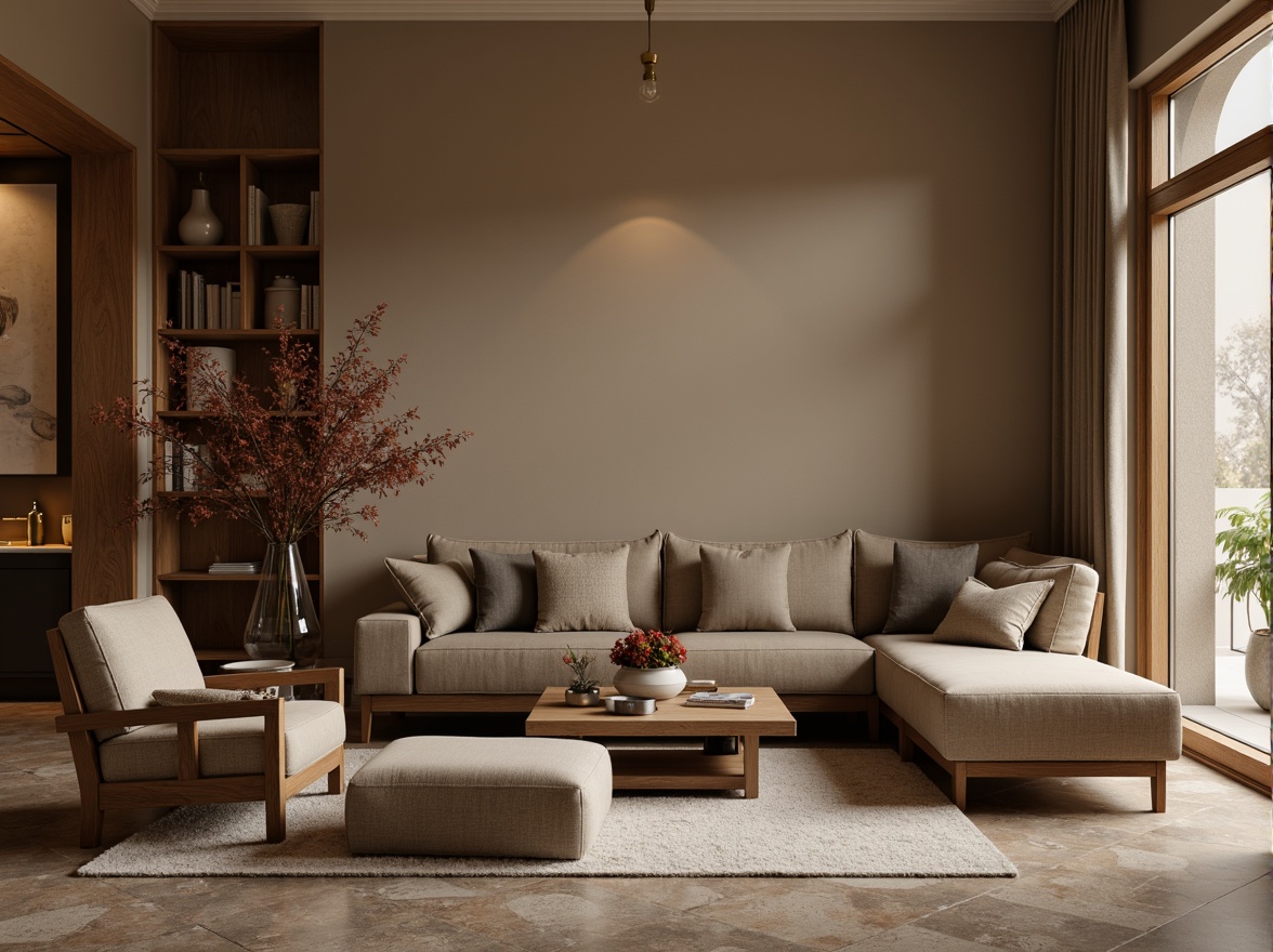 Prompt: Monochromatic living room, rich wood tones, earthy brown furniture, creamy beige walls, velvety soft upholstery, metallic gold accents, warm ambient lighting, cozy atmosphere, plush area rugs, natural stone flooring, minimalist decor, subtle texture contrasts, 1/1 composition, intimate setting, soft focus blur.