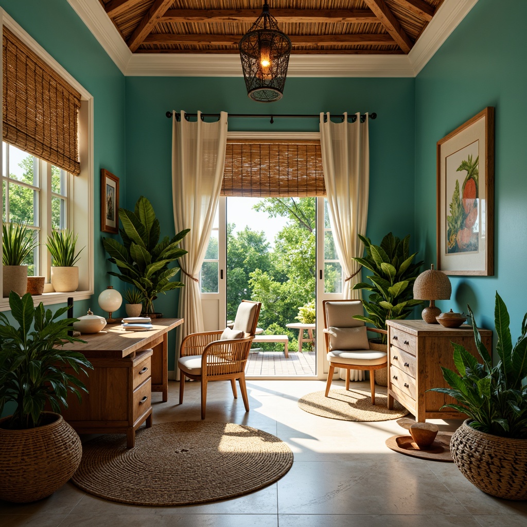 Prompt: Tropical home office, rattan furniture, woven bamboo accents, lush greenery, exotic plants, natural wood textures, woven sea grass rugs, ocean-inspired color palette, calming turquoise walls, creamy white trim, reclaimed wooden desks, ergonomic wicker chairs, pendant lanterns, warm golden lighting, shallow depth of field, 1/1 composition, intimate atmosphere, soft focus, realistic rendering.