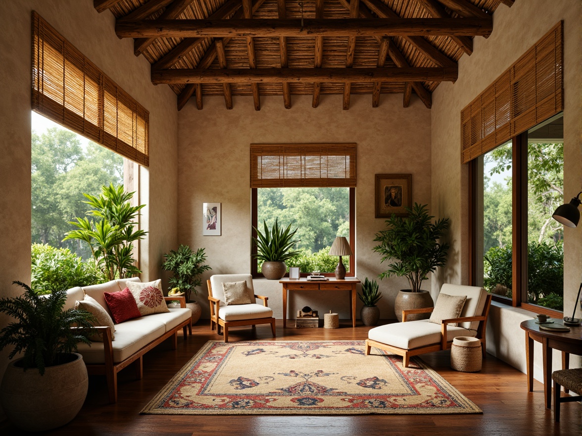 Prompt: Tropical home office, warm beige walls, textured stucco finish, lush greenery, exotic plants, wooden accents, rattan furniture, natural fiber rugs, woven bamboo shades, soft warm lighting, 1/1 composition, realistic textures, ambient occlusion, cozy reading nook, vintage decorative items, colorful tribal patterns, eclectic global-inspired decor.