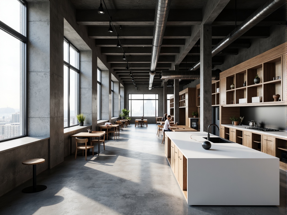 Prompt: Modern minimalist interior, sleek lines, monochromatic color scheme, polished concrete floors, matte black metal accents, glossy white countertops, reclaimed wood cabinetry, industrial-style lighting fixtures, exposed ductwork, floor-to-ceiling windows, natural daylight, soft diffused shadows, 1/1 composition, realistic reflective surfaces, ambient occlusion.