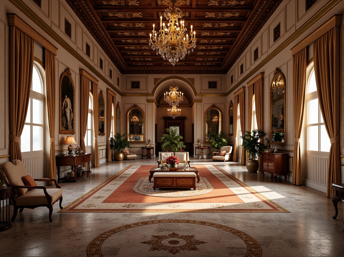 Prompt: Luxurious Renaissance-style palace, intricately patterned marble floors, ornate inlays, polished hardwood, rich walnut paneling, velvet-textured rugs, antique furniture, opulent chandeliers, grand high ceilings, majestic archways, lavish drapery, warm golden lighting, soft focus, shallow depth of field, 1/1 composition, classic symmetry, realistic reflections.