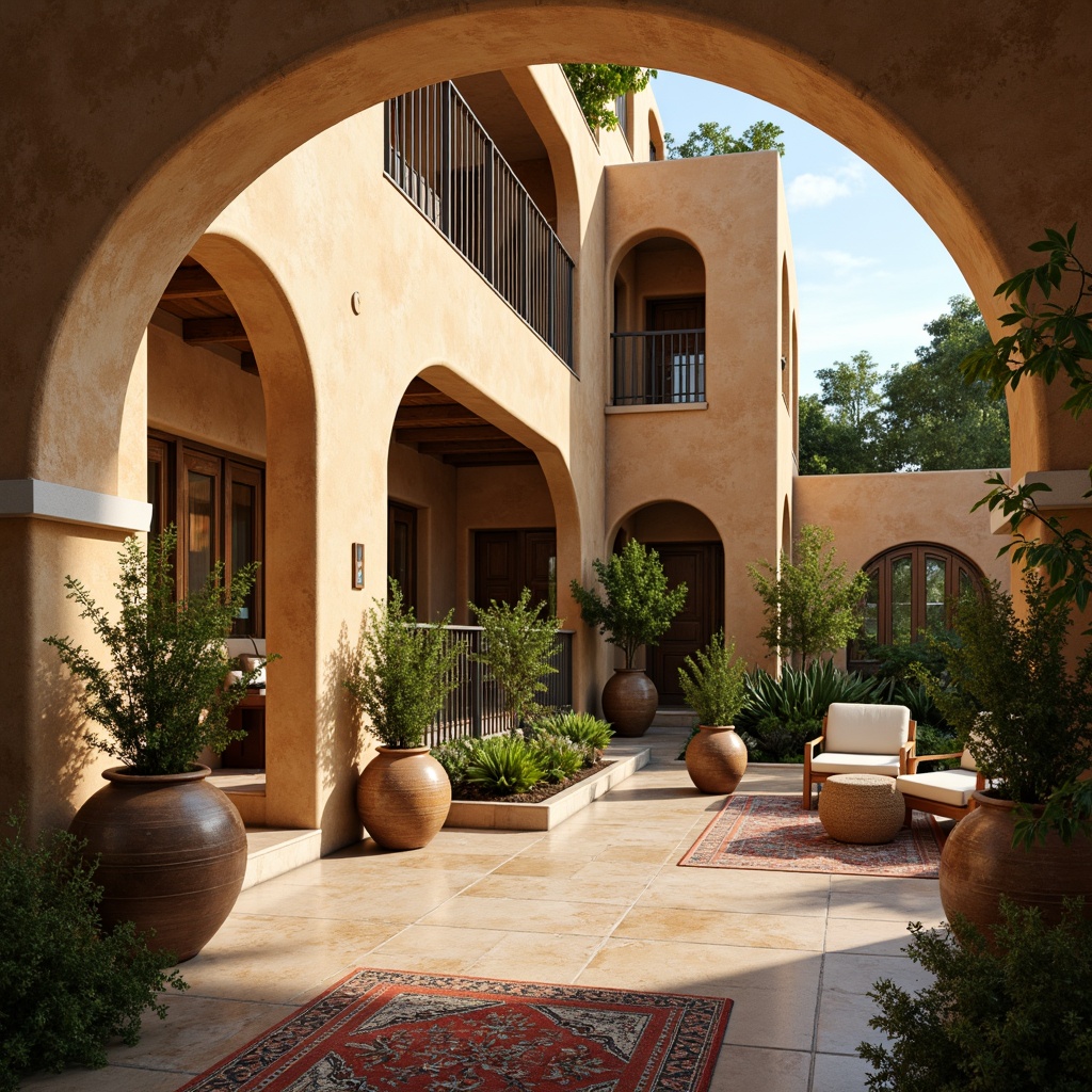 Prompt: Rustic Mediterranean villa, warm beige stucco walls, curved archways, ornate tile work, distressed wood accents, wrought iron balconies, lush greenery, fragrant herb gardens, soft golden lighting, warm sunny days, shallow depth of field, 1/1 composition, realistic textures, ambient occlusion, natural stone floors, decorative ceramic vases, vibrant colorful textiles, intricate geometric patterns.