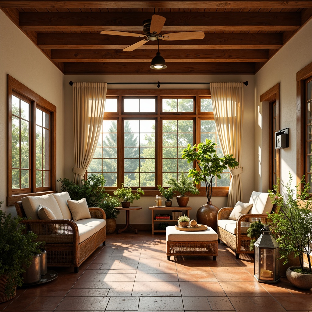 Prompt: Warm and inviting sunroom, craftsman style wooden beams, earthy tones, natural stone walls, comfortable wicker furniture, plush throw blankets, rich wood accents, warm golden lighting, soft cream-colored curtains, lush greenery, potted plants, cozy reading nook, rustic metal lanterns, warm terracotta floors, organic textures, serene atmosphere, shallow depth of field, 1/1 composition, realistic render.