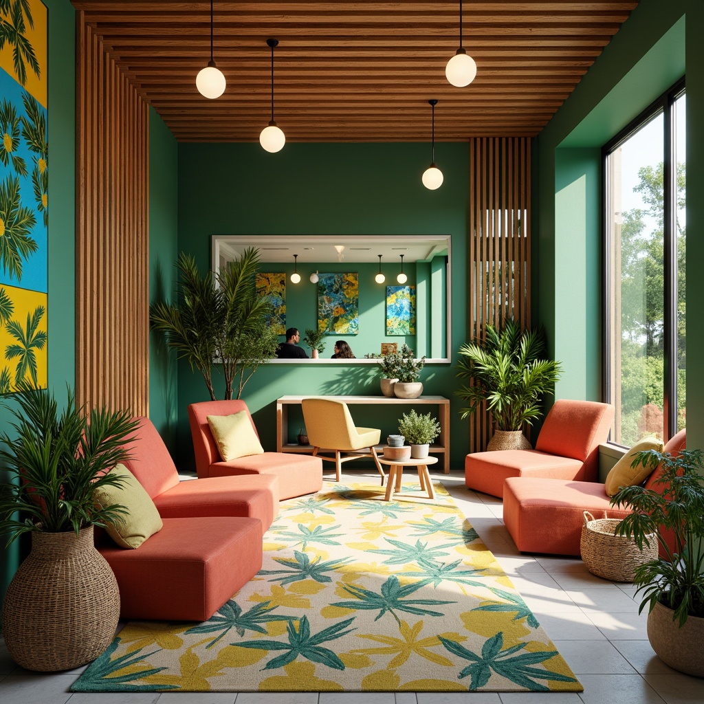 Prompt: Vibrant tropical office, lush green walls, natural wood accents, bright coral hues, sunny yellow tones, ocean-inspired blues, palm tree patterns, woven rattan furniture, modern minimalist decor, sleek metal fixtures, large windows, abundant natural light, 1/1 composition, soft warm lighting, realistic textures, ambient occlusion.