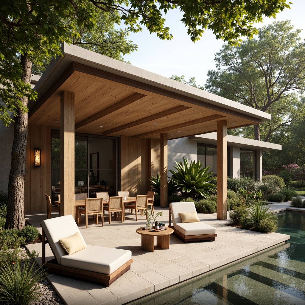 Prompt: Sleek pavilion, natural wood accents, minimalist furniture, low-profile seating, woven bamboo chairs, paper lanterns, subtle Asian-inspired patterns, tranquil water features, lush greenery, tropical plants, warm beige tones, soft diffused lighting, shallow depth of field, 1/2 composition, serene atmosphere, realistic textures, ambient occlusion.