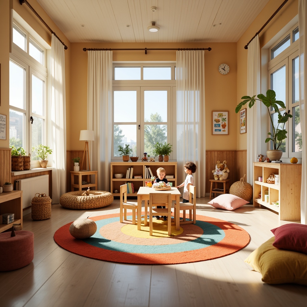 Prompt: Cozy kindergarten setting, wooden tables and chairs, soft cushions, vibrant colorful rugs, natural wood accents, warm beige walls, large windows with gentle sunlight, plush toys and pillows, educational posters and charts, kid-friendly bookshelves, rounded edges and corners, pastel-colored furniture, woven baskets, rattan storage units, comfortable reading nooks, playful decorative elements, soft diffused lighting, shallow depth of field, 1/1 composition, realistic textures, ambient occlusion.