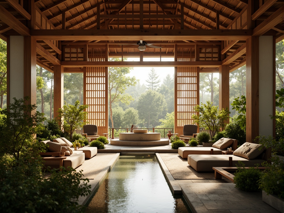 Prompt: Serenity pavilion, Asian-inspired interior design, natural light pouring in, warm wooden accents, traditional Japanese shoji screens, sliding doors, minimalist decor, lush greenery, potted plants, subtle water features, tranquil ambiance, soft warm lighting, 1/1 composition, shallow depth of field, realistic textures, ambient occlusion.