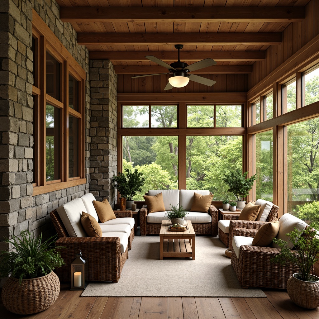 Prompt: Cozy sunroom, wood accents, warm wooden tones, craftsman style decor, rustic wooden beams, natural stone walls, large windows, soft warm lighting, lush greenery views, comfortable wicker furniture, plush cushions, earthy color palette, organic textures, vintage metal lanterns, distressed wooden floorboards, woven baskets, nature-inspired patterns, subtle wood grain details, intimate atmosphere, relaxed ambiance.