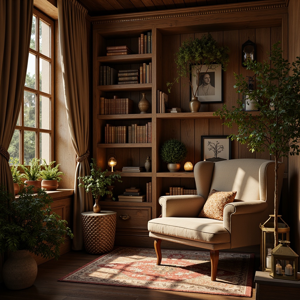 Prompt: Cozy reading nook, plush velvet armchair, soft golden lighting, vintage wooden bookshelves, ornate metal lanterns, richly patterned rugs, comfortable oversized pillows, rustic wooden walls, natural stone floors, lush greenery, warm beige colors, intimate atmosphere, subtle scent of old books, dramatic drapery, elegant tassel trim, 1/1 composition, soft focus, warm color palette.