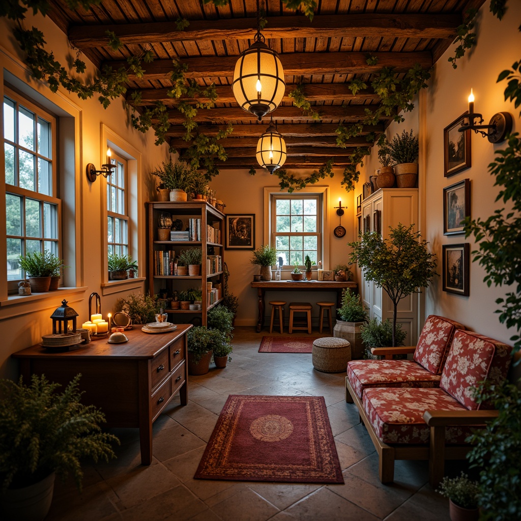 Prompt: Warm candlelight, soft warm glow, distressed wooden furniture, vintage metal lanterns, ornate chandeliers, pastel-colored walls, lace curtains, floral patterns, velvet upholstery, antique decorative items, rustic wooden floors, worn stone pathways, moss-covered stones, overgrown gardens, whimsical garden ornaments, warm golden lighting, low-key illumination, dramatic shadows, cozy atmosphere, romantic ambiance.