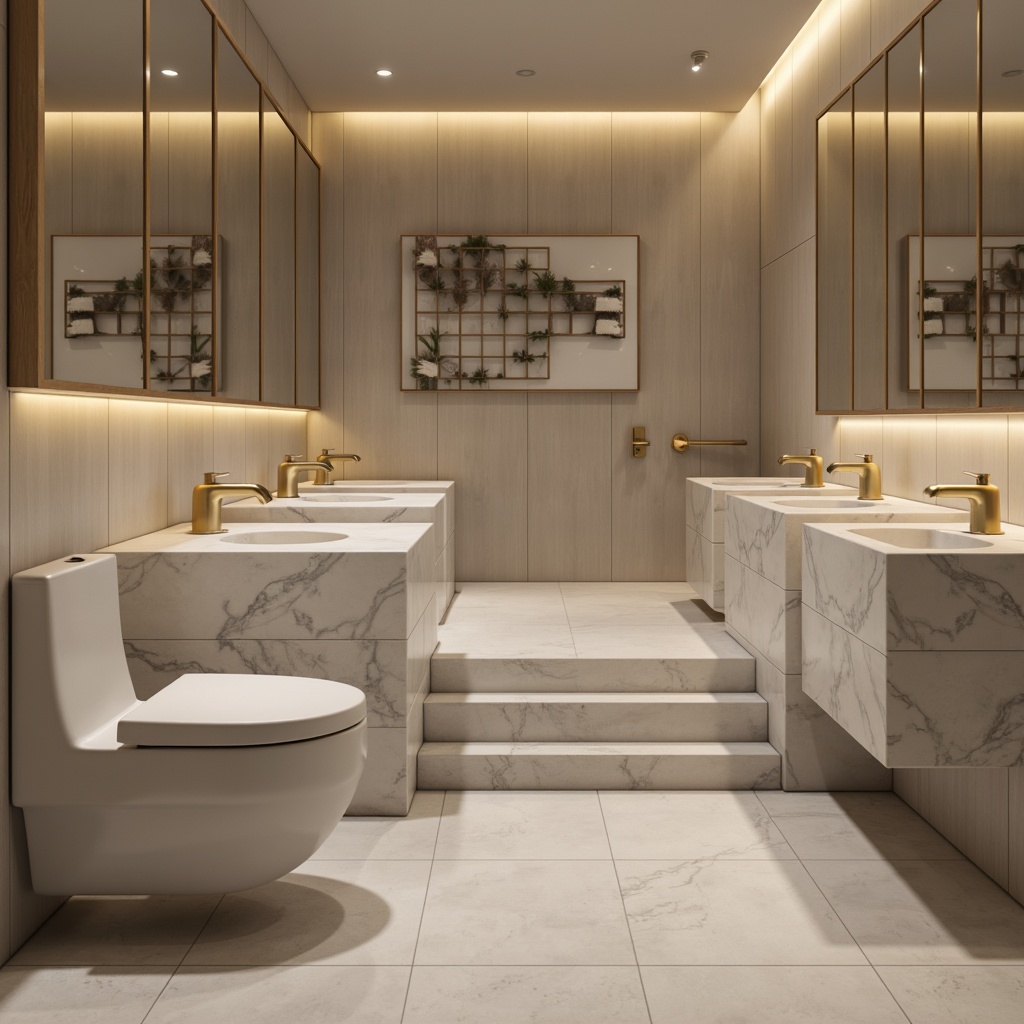 Prompt: Powder room minimalism, sleek marble countertops, elegant gold fixtures, modern sink basins, subtle LED lighting, soft warm glow, minimalist wall decor, simple floor tiles, calm color palette, serene ambiance, shallow depth of field, 1/1 composition, realistic textures, ambient occlusion.