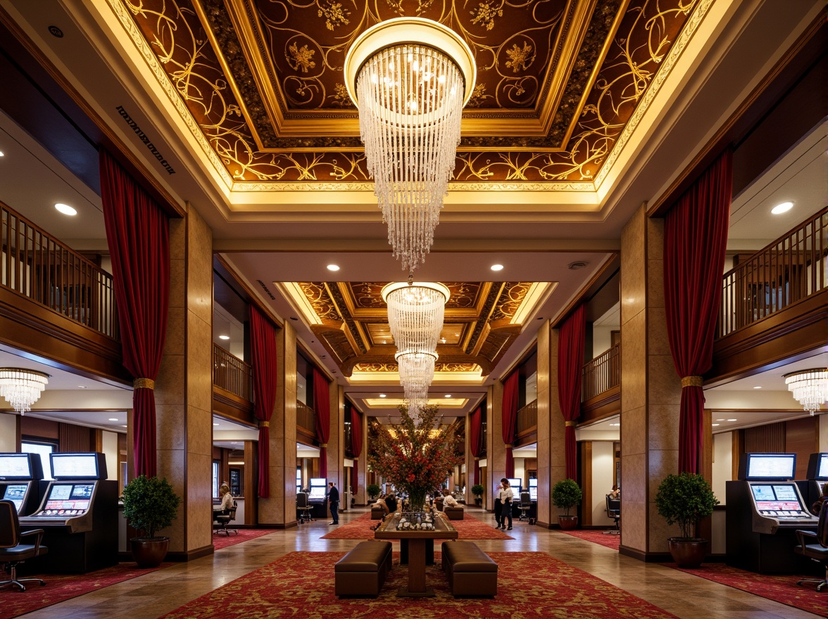 Prompt: Luxurious casino interior, ornate chandeliers, intricate ceiling patterns, gold leaf details, rich wood accents, velvet drapes, lavish furnishings, crystal drops, grand staircases, marble floors, opulent carpets, warm ambient lighting, soft focus, 1/1 composition, realistic textures, atmospheric rendering, detailed molding, decorative trimwork, classic architectural elements.