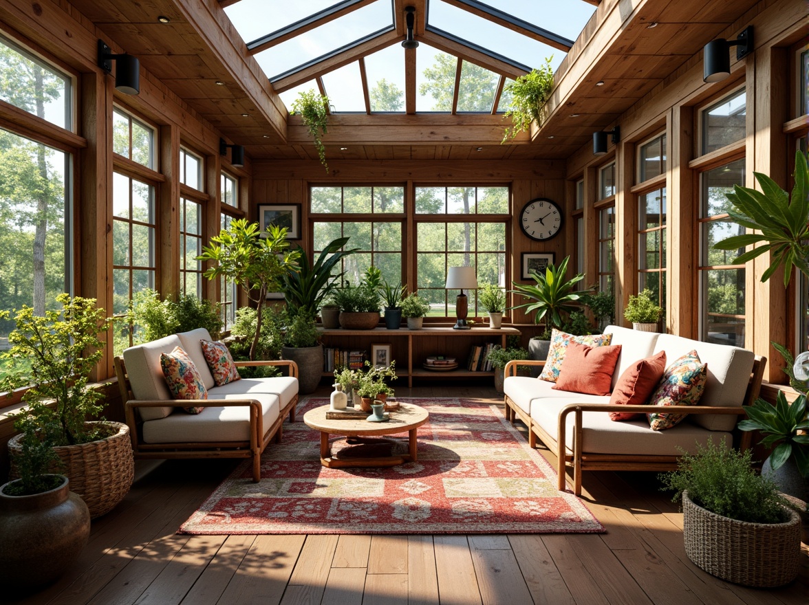 Prompt: Vibrant eclectic sunroom, natural light pouring in, distressed wood accents, vintage decorative items, plush throw pillows, rattan furniture, colorful textiles, lush greenery, potted plants, skylights, clerestory windows, warm earthy tones, rustic metal fixtures, reclaimed wood walls, cozy reading nooks, soft warm lighting, shallow depth of field, 1/2 composition, realistic textures, ambient occlusion.