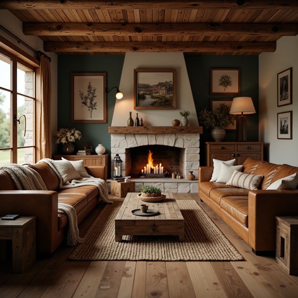 Prompt: Cozy family room, rustic wooden furniture, distressed leather sofas, natural stone fireplace, vintage metal lanterns, earthy color palette, woven jute rugs, reclaimed wood coffee tables, plush throw blankets, warm candlelight, soft cozy textures, shallow depth of field, 1/1 composition, intimate atmosphere, realistic wood grains, ambient occlusion.