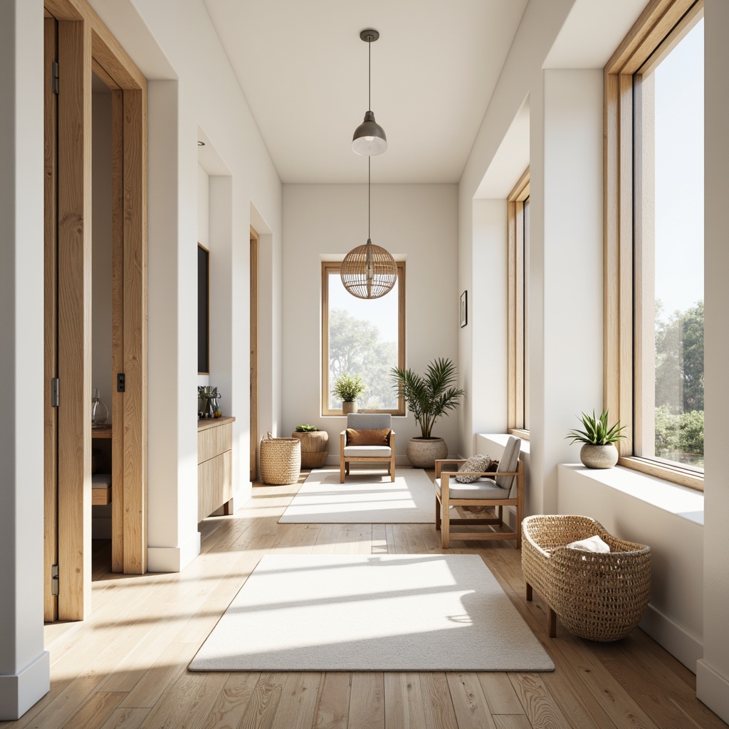 Prompt: Minimalist Scandinavian hallway, light-filled interior, floor-to-ceiling windows, pale wood flooring, white walls, Nordic-inspired furniture, natural textiles, woven baskets, pendant lamps, soft warm lighting, morning sunlight, subtle shadows, airy atmosphere, 1/1 composition, shallow depth of field, realistic wood textures, ambient occlusion.