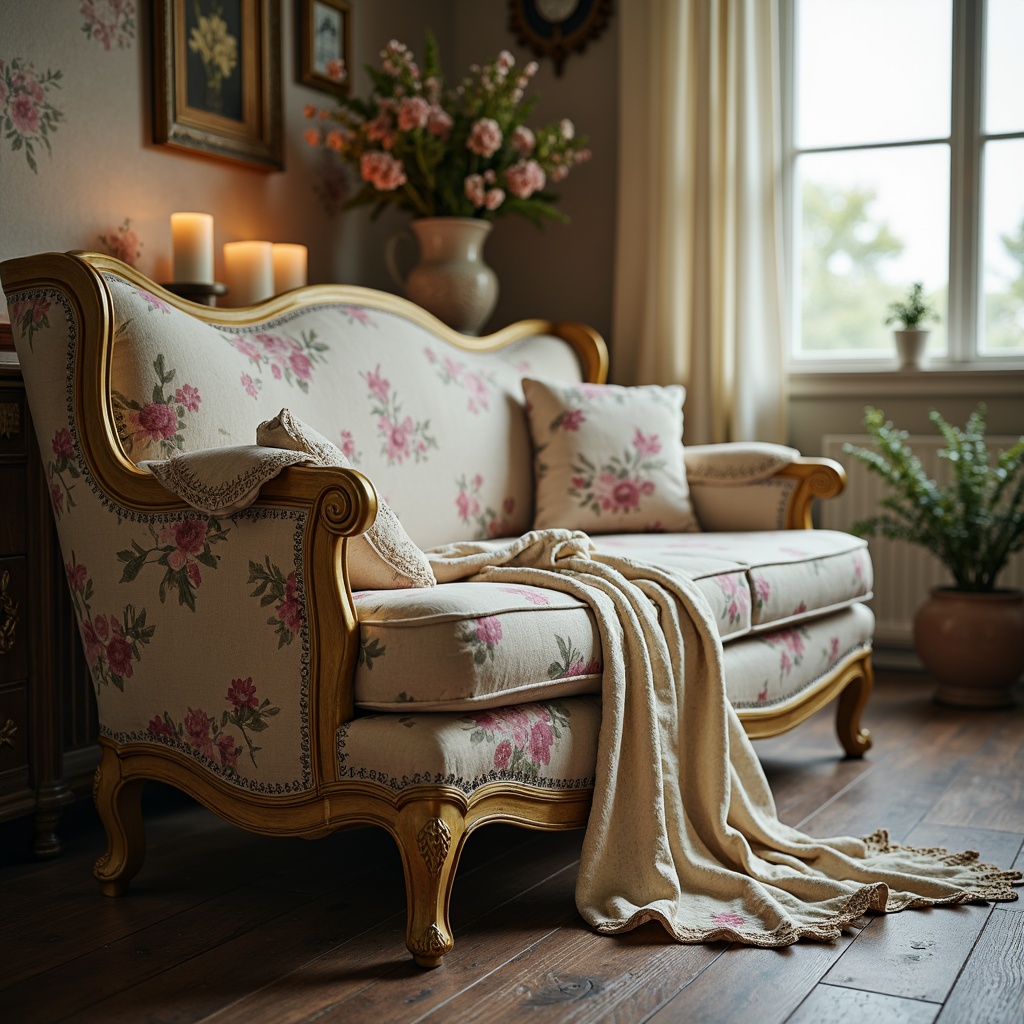 Prompt: Distressed vintage fabrics, soft pastel hues, romantic florals, delicate lace trimmings, worn velvet textures, antique furniture pieces, ornate gold accents, feminine ruffles, whimsical patterns, natural linen drapes, rustic wooden floors, warm candlelight, shallow depth of field, 1/1 composition, intimate atmosphere, soft focus blur, realistic materials, ambient occlusion.