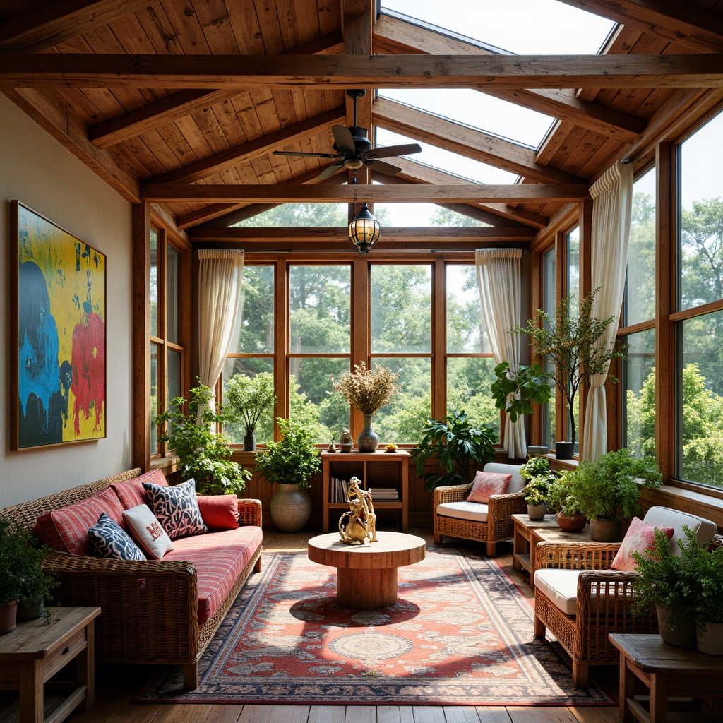 Prompt: Vibrant eclectic sunroom, natural light pouring in, warm wooden accents, colorful vintage decor, lush greenery, wicker furniture, patterned textiles, abstract artwork, ornate metal fixtures, distressed wood beams, skylights, clerestory windows, soft sheer curtains, cozy reading nooks, warm earthy tones, rustic charm, eclectic mix of patterns, textures, and colors, soft warm lighting, shallow depth of field, 3/4 composition, realistic textures, ambient occlusion.