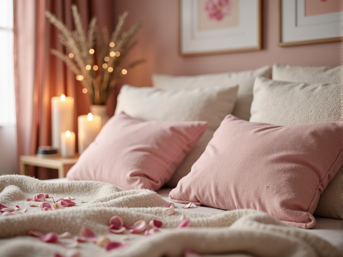 Prompt: Soft rose hues, calming atmosphere, plush furniture, warm beige tones, gentle candlelight, cozy throw blankets, delicate petals, subtle sheen, muted pastel shades, soothing ambiance, relaxing environment, serene mood, natural textures, earthy undertones, gentle pink accents, creamy whites, tranquil color scheme, peaceful retreat, calming aura, soft focus, shallow depth of field.