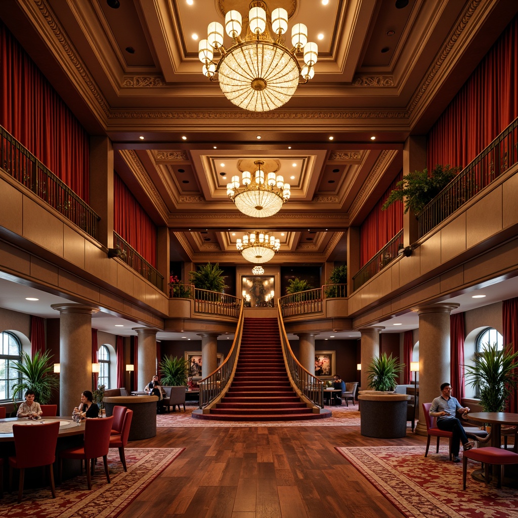 Prompt: Luxurious casino interior, ornate chandeliers, intricate moldings, rich wood tones, velvet drapes, lavish furnishings, grand staircases, ornamental railings, opulent lighting fixtures, high-gloss finishes, dramatic ceiling heights, decorative ceiling tiles, classic architectural details, warm ambient glow, soft focus blur, shallow depth of field, 1/2 composition, symmetrical framing, realistic textures, subtle specularity.