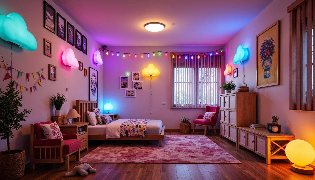 Prompt: Whimsical kid's room, bright color palette, playful lighting fixtures, string lights, neon signs, funky lampshades, colorful ceiling lamps, cloud-shaped wall lights, rainbow-hued floor lamps, cozy reading nooks, soft warm glow, gentle ambient light, layered lighting effects, 3/4 composition, shallow depth of field, vibrant textures, eclectic decorative accents.