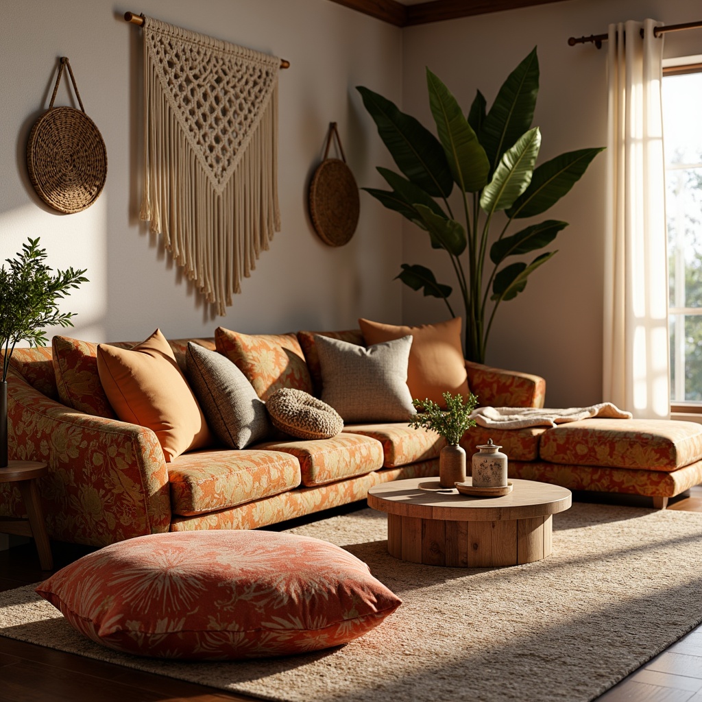 Prompt: Vibrant upholstery fabrics, plush throw pillows, soft rugs, natural fiber textures, earthy tone color palette, woven basket accents, macrame wall hangings, bohemian-inspired patterns, eclectic global prints, luxurious velvet drapes, sheer linen curtains, subtle sheen finishes, tactile material experiences, inviting cozy atmosphere, warm ambient lighting, shallow depth of field, 1/1 composition, realistic renderings.