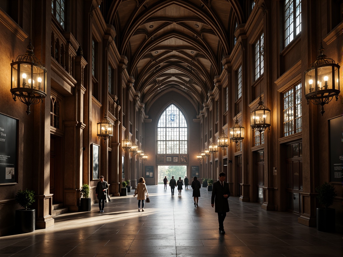 Prompt: Grand museum entrance, pointed arches, ribbed vaults, Gothic Revival style, ornate stone carvings, intricate stained glass windows, majestic grand halls, high ceilings, marble floors, dark wood paneling, metal chandeliers, mysterious ambiance, soft warm lighting, shallow depth of field, 1/1 composition, realistic textures, ambient occlusion.