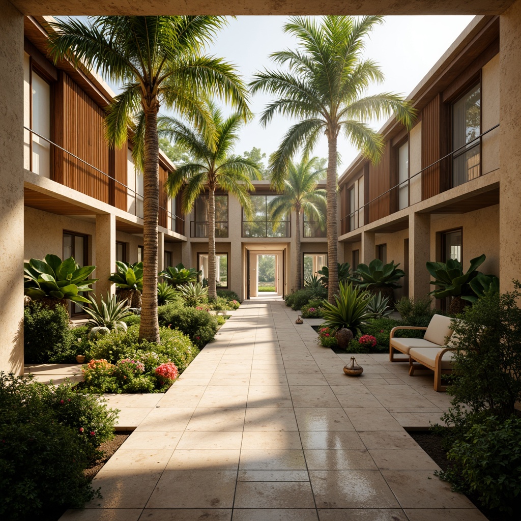 Prompt: Serenity-filled memorial center, lush tropical vegetation, exotic palm trees, vibrant blooming flowers, warm natural light, clerestory windows, open-air corridors, rustic wooden accents, earthy tone stone walls, tranquil water features, gentle fountains, soft misting systems, subtle aroma of frangipani, peaceful ambiance, shallow depth of field, 1/1 composition, warm beige color palette, realistic textures, ambient occlusion.