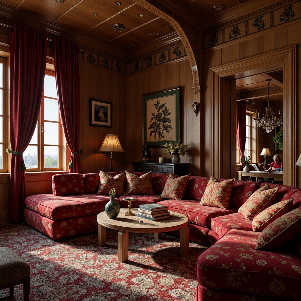 Prompt: Richly patterned velvet fabrics, ornate wooden furniture, curvaceous lines, soft warm lighting, intimate cozy spaces, luxurious drapery, intricate botanical motifs, nature-inspired embroidery, plush cushions, vintage tapestries, elegant metallic accents, earthy color palette, organic shapes, flowing curves, whimsical illustrations, subtle sheen, tactile textures, 1/2 composition, shallow depth of field, soft focus, warm color tones.