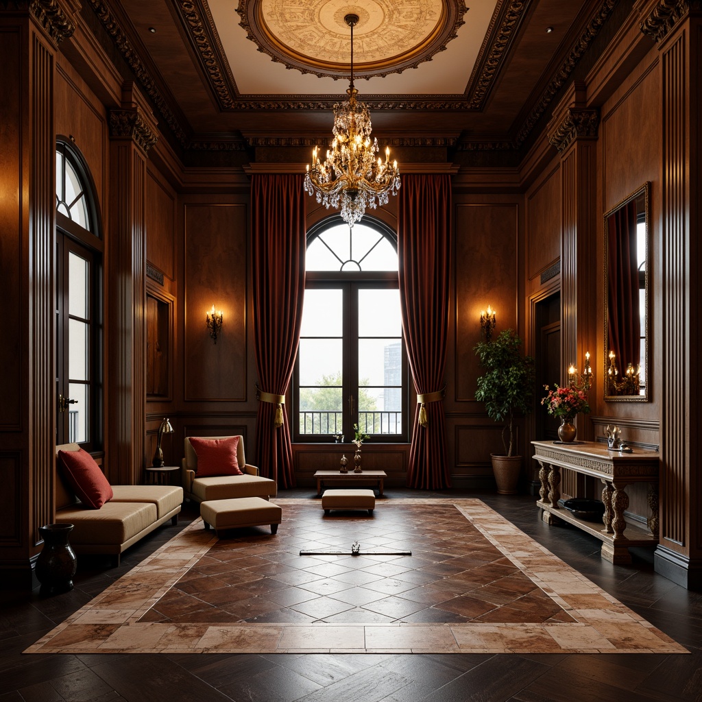 Prompt: Luxurious home gym, neoclassical style, dark wood flooring, herringbone pattern, high-gloss finish, marble inlays, elegant columns, ornate mirrors, crystal chandeliers, rich velvet drapes, antique bronze fixtures, sophisticated color palette, warm golden lighting, shallow depth of field, 1/1 composition, realistic textures, ambient occlusion.