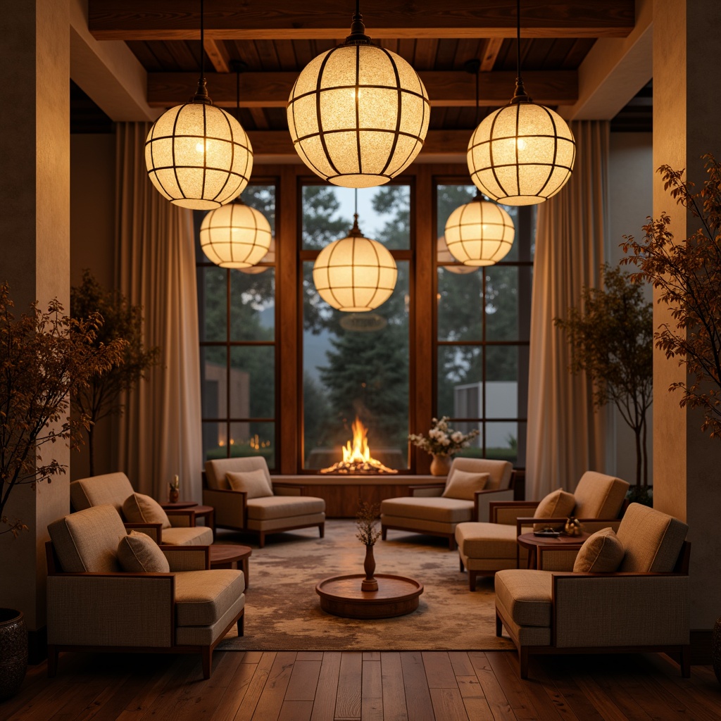 Prompt: Warm ambiance, soft glowing orbs, pendant lamps, rustic metal shades, wooden accents, cozy reading nooks, plush armchairs, crackling fireplace, warm beige tones, rich wood paneling, natural stone walls, comfortable seating areas, floor-to-ceiling windows, sheer curtains, gentle diffused light, warm white LED lighting, industrial-chic exposed bulbs, vintage-inspired metal lanterns, frosted glass shades, earthy color palette, intimate atmosphere, relaxing ambiance, 1/2 composition, shallow depth of field, realistic textures.