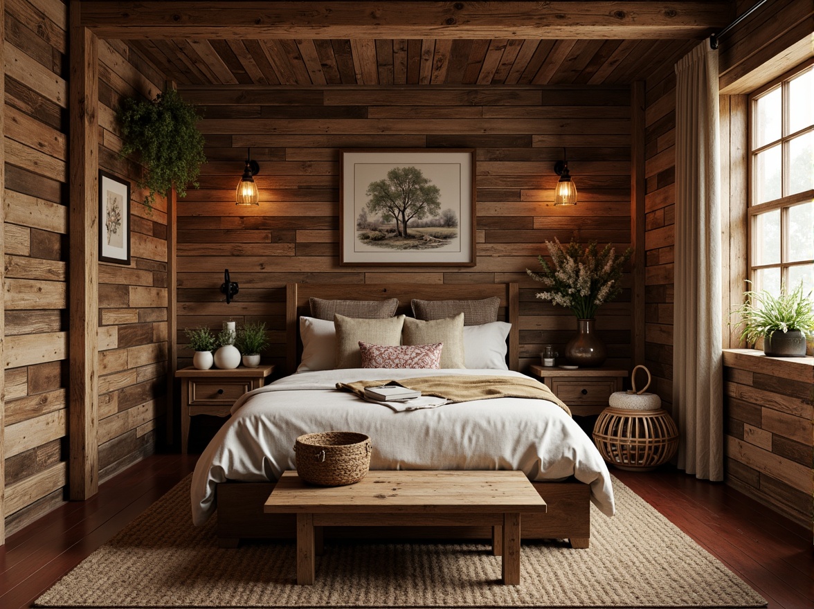 Prompt: Rustic bedroom, wooden planks, reclaimed wood walls, distressed finishes, earthy tones, natural textures, stone accents, brick red hues, cozy ambiance, warm lighting, soft shadows, vintage furniture, woven baskets, natural fabrics, earthy scents, cabin-style decor, wooden beams, rough-hewn logs, rustic metal fixtures, antique accessories, nature-inspired artwork.