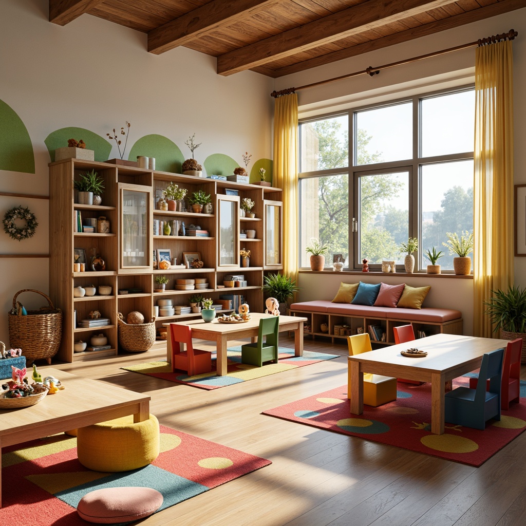 Prompt: Cozy kindergarten interior, wooden play tables, colorful plastic chairs, soft cushions, vibrant rug patterns, natural light pouring in, large windows, gentle warm lighting, bookshelves with picture books, educational toys, building blocks, stuffed animals, woven baskets, rustic wood accents, earthy tones, comfortable reading nooks, playful wall decals, circular gathering spaces, interactive display cases, soft pastel colors, whimsical illustrations.