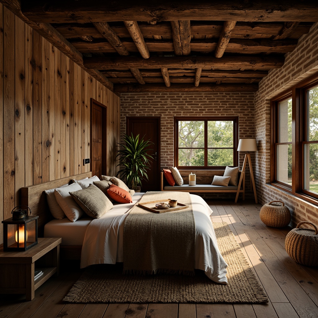 Prompt: Rustic bedroom, reclaimed wood walls, distressed wooden planks, earthy tones, natural stone accents, rough-hewn wooden beams, vintage metal lanterns, woven textiles, warm candlelight, soft shadows, cozy atmosphere, aged brick finishes, weathered wooden floors, nature-inspired patterns, organic materials, tactile surfaces, dramatic lighting, 1/1 composition, warm color palette, intimate setting.