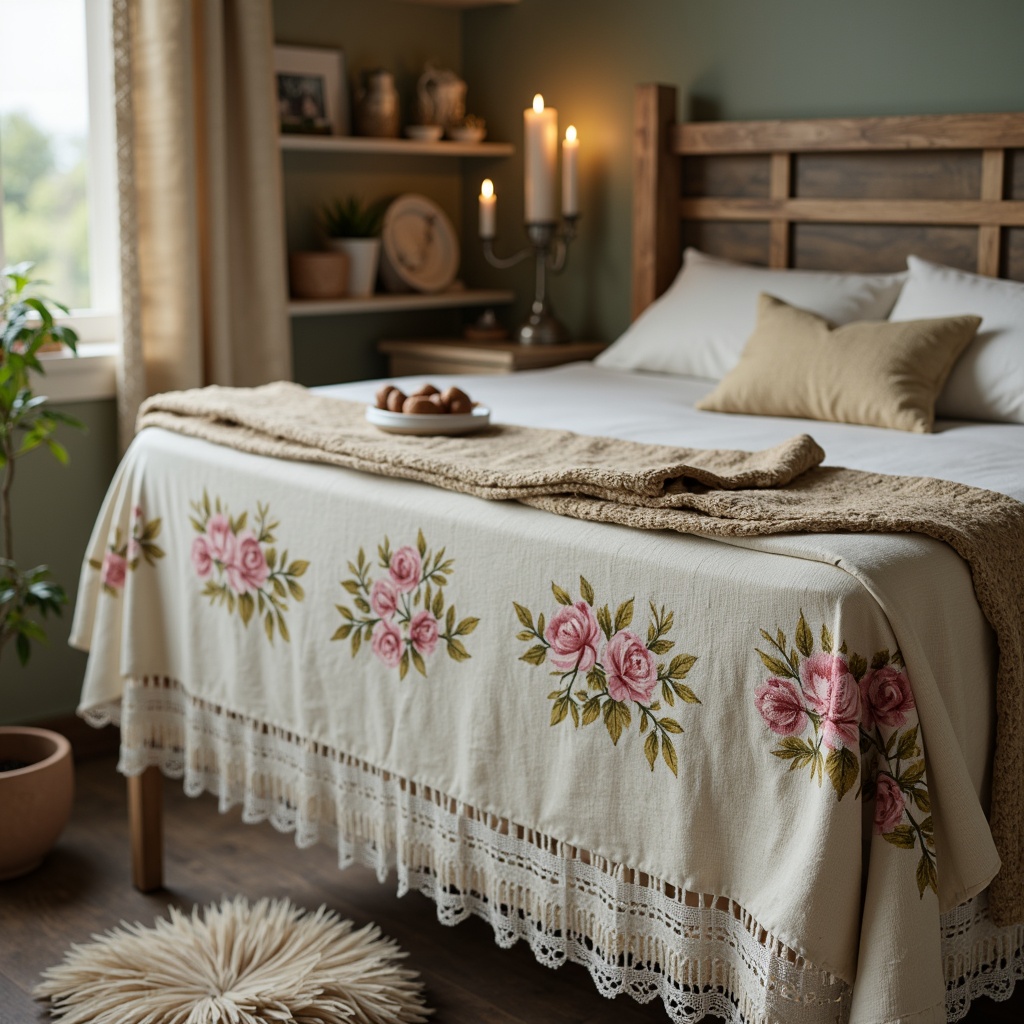 Prompt: Vintage distressed furniture, soft pastel hues, floral patterns, lace trimmings, rustic wooden accents, natural fabrics, linen textiles, cotton lace, subtle embroidery, feminine details, warm candle lighting, cozy atmosphere, relaxed composition, blurred background, shallow depth of field, 1/2 composition, realistic textures, ambient occlusion.