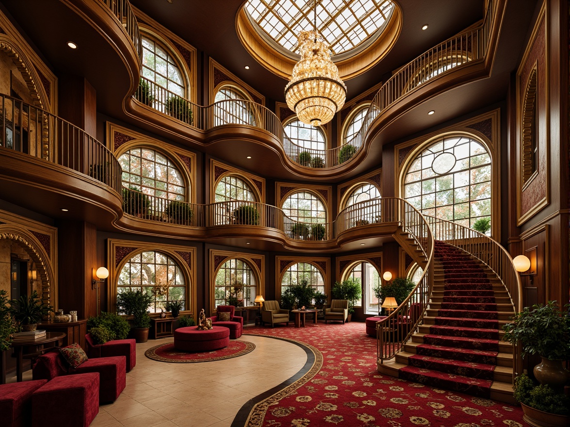 Prompt: Opulent art nouveau interior, intricate sinuous lines, flowing organic forms, luxurious velvet fabrics, ornate metalwork, delicate stained glass windows, whimsical floral patterns, grand sweeping staircases, richly polished wooden paneling, lavish crystal chandeliers, soft warm lighting, shallow depth of field, 1/1 composition, panoramic view, realistic textures, ambient occlusion.