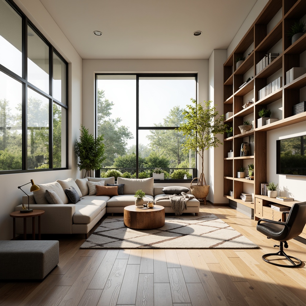 Prompt: Modern living room, sleek wooden flooring, minimalist walls, floor-to-ceiling windows, natural daylight, cozy reading nook, plush sectional sofa, geometric-patterned rug, industrial-chic coffee table, hanging pendant lights, built-in shelving units, functional storage ottoman, ergonomic desk chair, vibrant greenery, airy atmosphere, warm neutral color scheme, 1/1 composition, shallow depth of field, realistic textures, ambient occlusion.