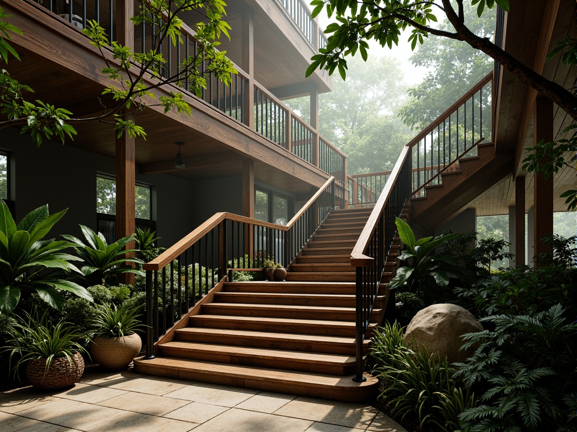 Prompt: Tropical staircase, exotic hardwood railings, ornate metalwork details, curved balusters, lush greenery surrounds, vibrant floral patterns, natural stone flooring, warm wooden tones, organic shapes, dramatic lighting effects, misty atmosphere, atmospheric perspective, 1/2 composition, subtle color palette, realistic wood textures, ambient occlusion.