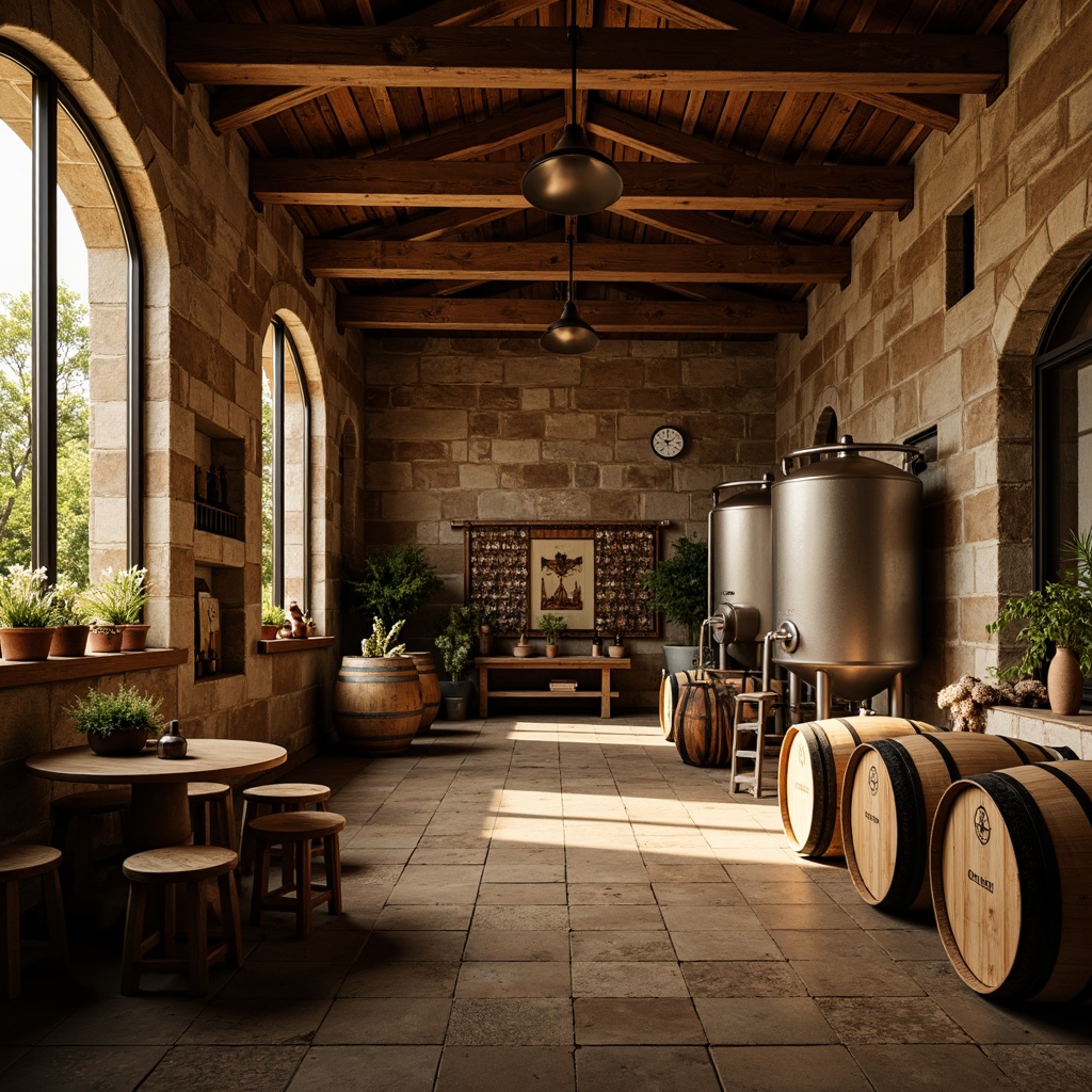 Prompt: Rustic winery, weathered stone walls, wooden barrels, metal accents, earthy tones, natural textures, reclaimed wood floors, industrial lighting, minimalist decor, modern wine tanks, stainless steel equipment, grapevine patterns, dim warm ambiance, soft golden lighting, shallow depth of field, 2/3 composition, realistic reflections, ambient occlusion.