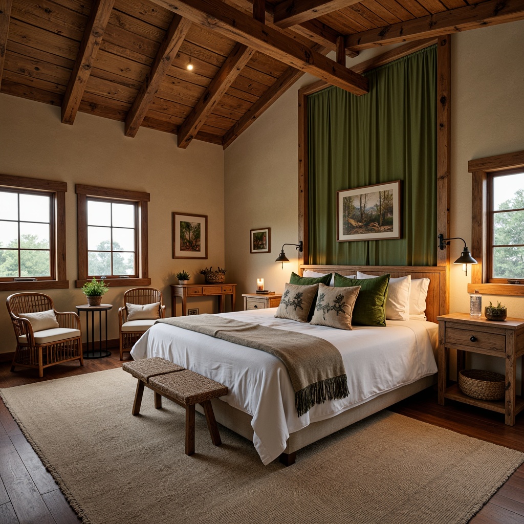 Prompt: Cozy rustic bedroom, wooden accents, natural fabrics, earthy tones, woven baskets, vintage furniture, distressed wood textures, soft candlelight, warm beige walls, plush area rugs, linen bedding, burlap upholstery, rattan chairs, pinecone decorations, forest-inspired artwork, moss-green velvet pillows, reclaimed wood headboards, nature-printed drapes, lantern-style lighting, rustic metal frames, organic shapes, soft focus, shallow depth of field, 1/1 composition.