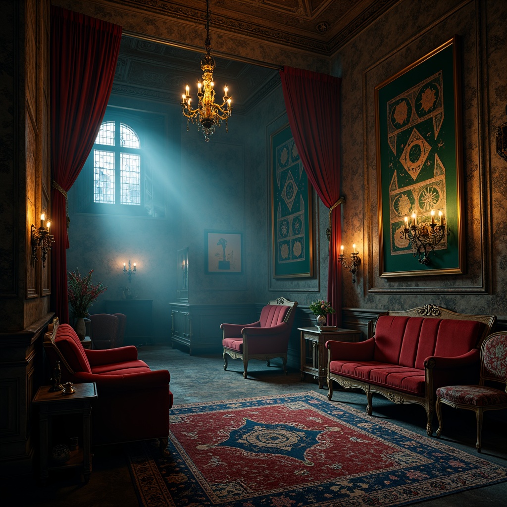 Prompt: Dark mysterious atmosphere, richly ornate furnishings, lavish velvety fabrics, dimly lit candelabras, eerie shadows, ancient stone walls, vaulted ceilings, grandiose chandeliers, crimson red accents, midnight blue hues, emerald green tapestries, golden metallic details, intricate wooden carvings, mystical symbols, mysterious artifacts, foggy misty lighting, shallow depth of field, 2/3 composition, dramatic warm spotlighting, richly textured surfaces, ambient occlusion.