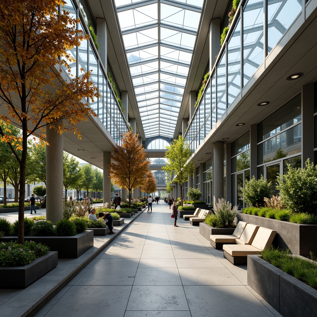 Prompt: Spacious bus station interior, high ceilings, clerestory windows, transparent roofs, natural stone floors, minimalist benches, sleek metal railings, glass partitions, open-plan layout, abundant greenery, living walls, vibrant planters, soft warm lighting, shallow depth of field, 3/4 composition, panoramic view, realistic textures, ambient occlusion.