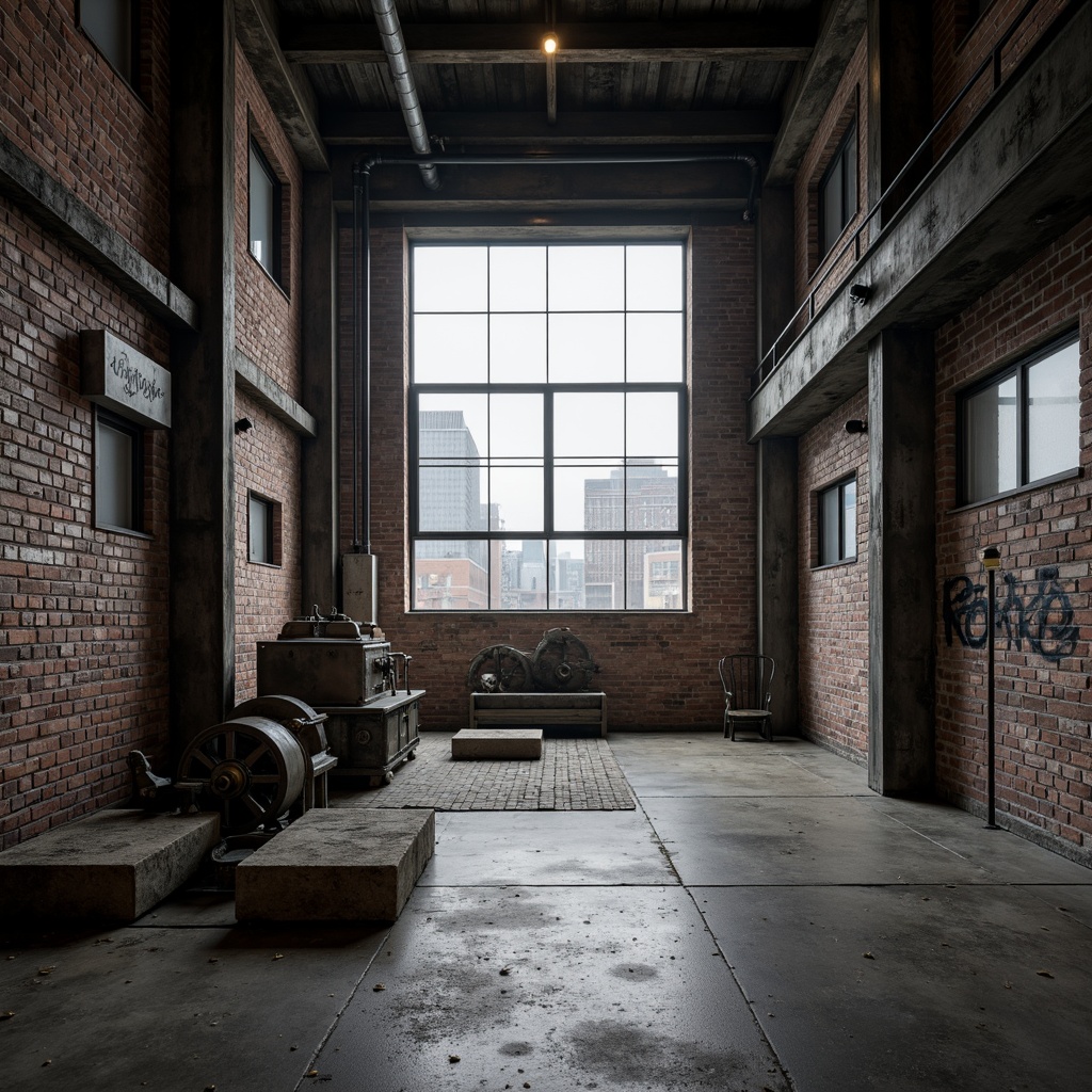 Prompt: Exposed brick walls, industrial metal beams, reclaimed wood accents, distressed concrete floors, metallic machinery parts, functional pulleys, urban graffiti, cityscape views, rugged stone foundations, brutalist architecture, minimalist decor, industrial-style lighting fixtures, steel-framed windows, raw unfinished textures, high-contrast monochromatic color scheme, dramatic shadows, cinematic composition, atmospheric misty ambiance.