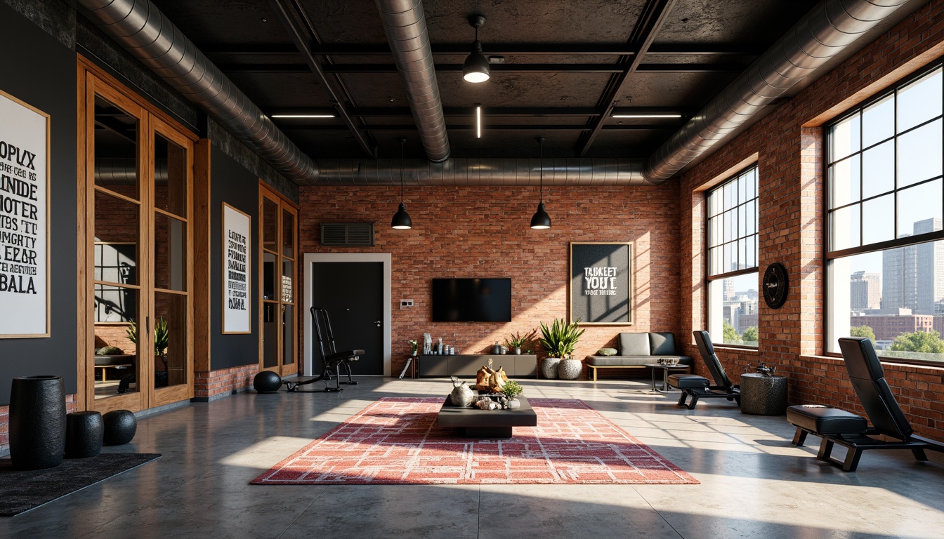 Prompt: Industrial-chic home gym, exposed brick walls, polished concrete floors, metallic accents, motivational quotes, floor-to-ceiling mirrors, suspended lighting fixtures, modern minimalism, bold color schemes, textured rugs, reclaimed wood accents, geometric patterned tiles, urban loft-inspired decor, functional storage solutions, high-gloss finishes, dynamic color blocking, abstract art pieces, sleek exercise equipment, panoramic city views, dramatic shadows, low-angle photography, cinematic ambiance.