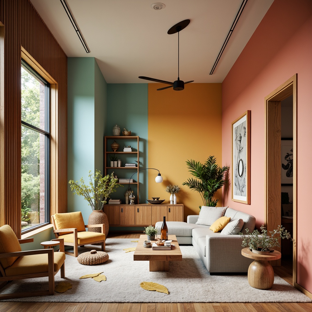 Prompt: Vibrant modern interior, eclectic color scheme, bold accent walls, pastel shades, earthy tones, rich wood accents, metallic finishes, natural textiles, soft area rugs, statement lighting fixtures, airy open spaces, minimalist decor, 3/4 composition, warm atmospheric lighting, shallow depth of field.